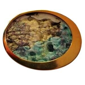 Vtg Uhlig Germany Silk Painting  Gold Plated Modernist Pin Brooch